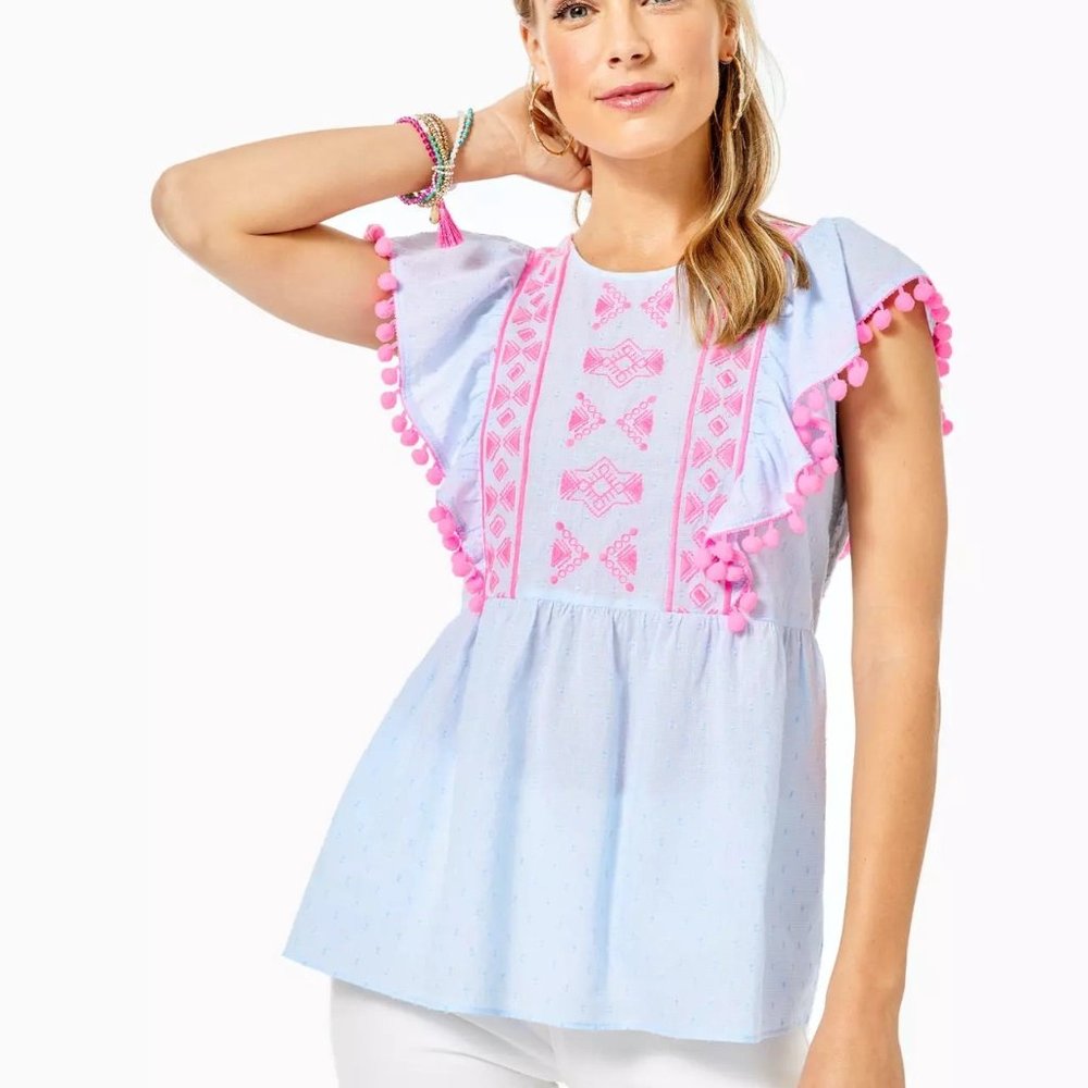 NWT Lilly Pulitzer Raquelle Top - Swiss Dot Dobby Chambray - Size Medium & Small - Picture 1 of 2